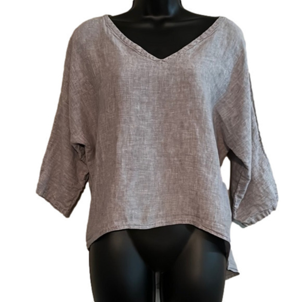 Fig and Wasp Light Gray 100% Linen 3/4 Sleeve Boat Neck Top Sz Small USA EUC